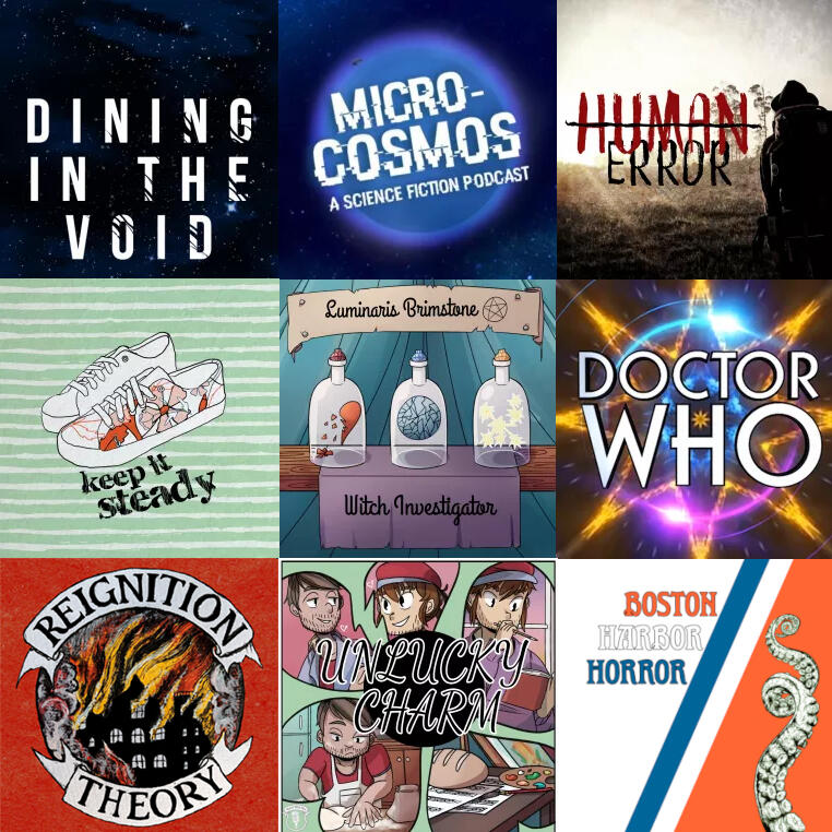 A collage of nine podcast art covers