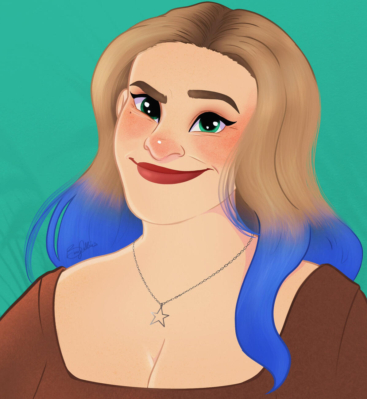 a character drawing of Nikki in a Disney style - smiling, wearing a brown shirt and a star necklace, hair long and brown with blue tips